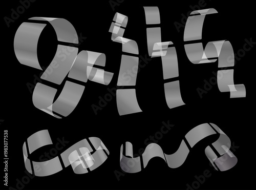 黒背景に浮かぶ半透明で立体的なモノクロリボンが流れるスタイリッシュで抽象的なデザイン素材