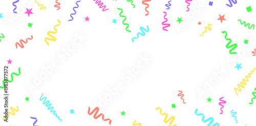 カラフルな紙吹雪と星やスパイラルが舞う楽しくポップなパーティー演出用背景フレーム素材