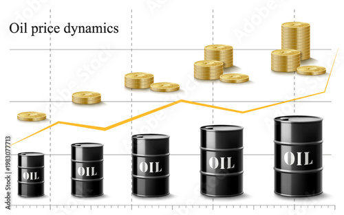 Oil barrel price rises chart and Black metal oil barrel with golden coins stacks. Infographic representing rising petroleum prices. Oil market trend. Realistic 3d Vector illustration