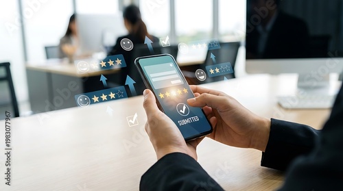 Person submitting online survey on smartphone with five stars and submitted confirmation