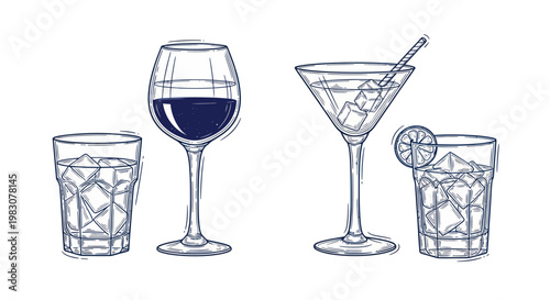 Assortment of alcoholic drinks and cocktails in glassware