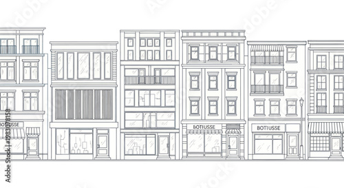 A row of detailed line art buildings with shops.
