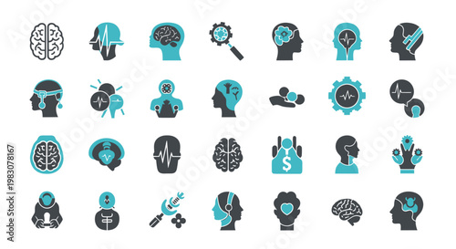 Collection of brain and human mind related icons in blue and gray.