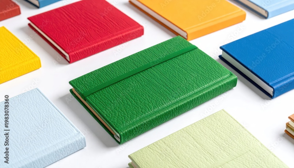 Fototapeta premium Colorful hardcover notebooks arranged on a white surface in a flat lay