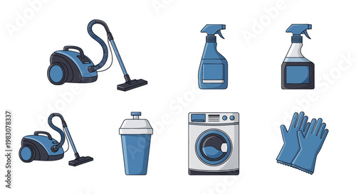 Collection of cartoon cleaning supplies icons.