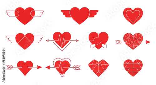 Collection of stylized red heart icons with wings, arrows and heartbeat lines.