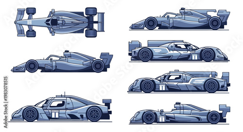 Set of racing car vector illustrations in flat design