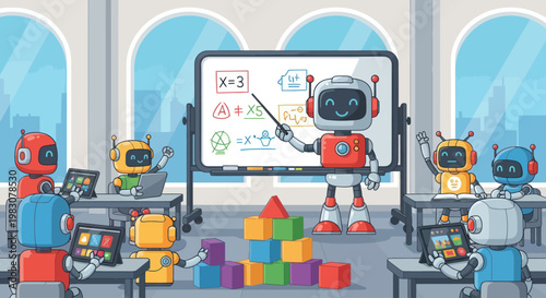 Cartoon robot teacher instructing student robots in a futuristic classroom.