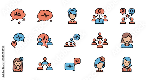Set of mental health and psychology line art icons for business and teamwork.