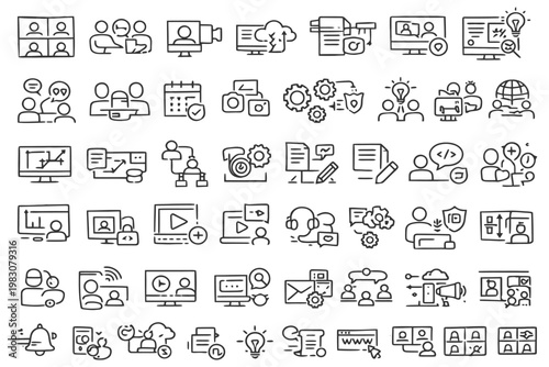 Collection of office and communication icons in black and white line art.