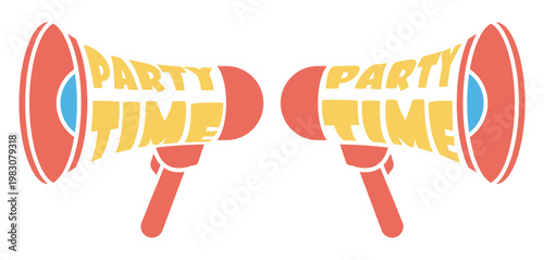 Element of an party advertising campaign design, a megaphone loudspeaker with a campaign message Party time. Vector isolated on white background
