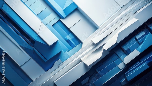 Abstract Blue and White Geometric Digital Art With Glowing Light Accents And Pixelated Details