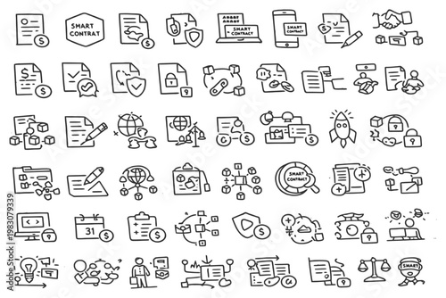 Hand-drawn blockchain and smart contract icons.