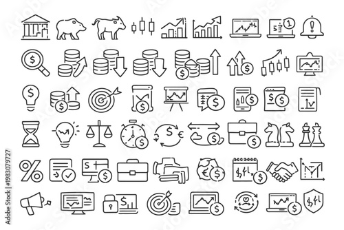 Financial and business icons including currency, stocks, and strategy symbols.