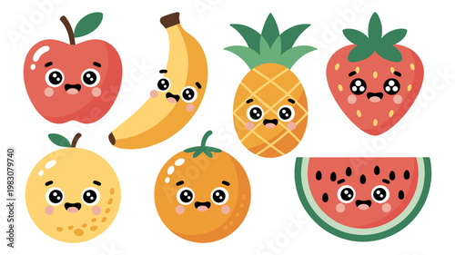 Cute Kawaii Fruit Vector Set Apple, Banana, Pineapple, Strawberry, Orange and Watermelon