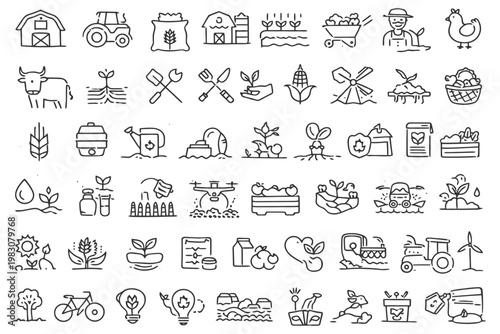 Agriculture icons collection: farm tools, crops, animals, machinery, natural elements.