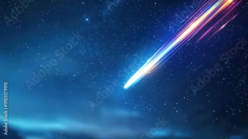 Vibrant comet streaks across starry night sky, illuminating dark expanse with colorful trails of light, evoking sense of wonder and awe