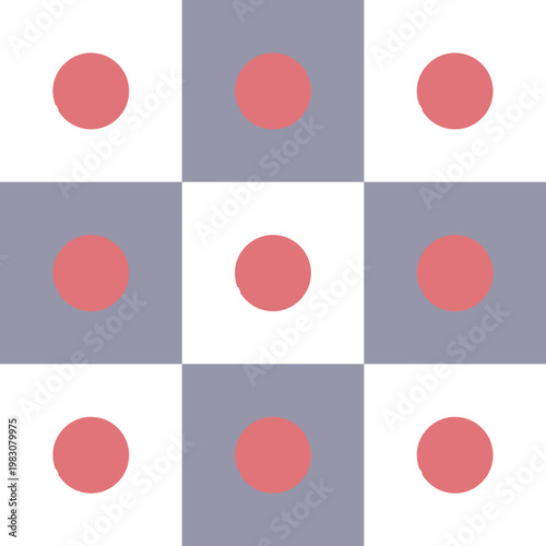 Geometric Grid Pattern with Pink Dots on Gray and White Squares