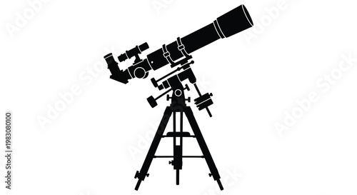 Detailed black silhouette of a refracting telescope on a tripod stand silhouette