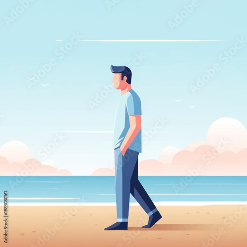Man walking on beach with hands in pockets.