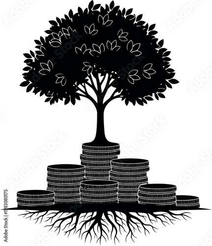 Tree growing from stack of coins representing wealth and financial growth