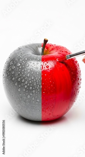 Split red and gray apple with water droplets being painted