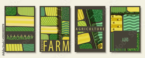 Agriculture field pattern, aerial view card poster with copy space. Countryside grassland, farm land from top. Geometric farmland patches, padded mosaic country background. Flat vector illustration