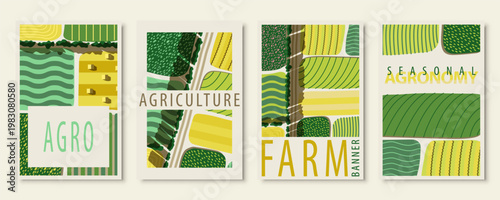 Agriculture field pattern, aerial view card poster with copy space. Countryside grassland, farm land from top. Geometric farmland patches, padded mosaic country background. Flat vector illustration
