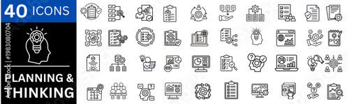 Planning Thinking icons set. Includes icons for brain, mind, analysis, problem solving, idea, logic, and decision making. Editable stroke. vector set