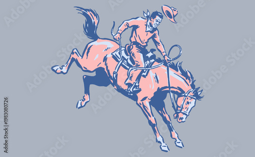 Wild West Rodeo Rider. Retro cowboy adventure artwork. Bucking horse print design for t-shirt, poster, sticker and lifestyle branding.
