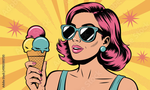 Retro Pop Art Portrait of a Stylish Woman with Ice Cream Cone