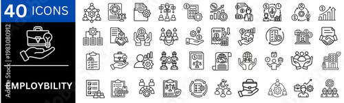Employability icons set. representing workforce, work, jobs, contracts, project management, workers rights, workplace policy, hiring, payroll and employment. vector illustration