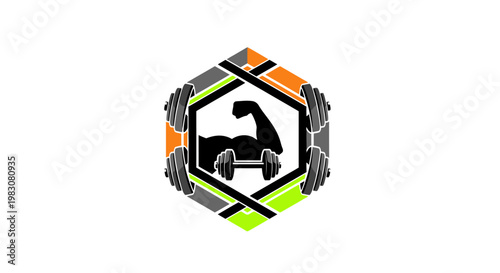 Fitness gym logo with strong muscle bicep and dumbbells in a hexagon frame