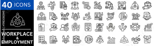 Workplace and employment icons set. representing workforce, jobs, office, business, work, contracts, workers rights, workplace policy, hiring, payroll and employment regulations. vector illustration