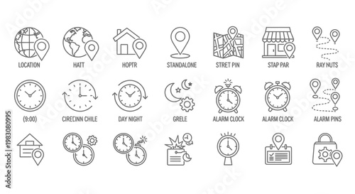 Collection of icons representing location, time, and navigation services with a clear and modern design aesthetic