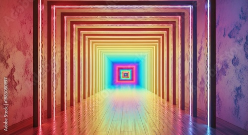 Vibrant colorful hallway with neon lights and futuristic tunnel