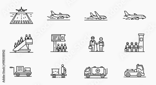 Airline staff and travelers at airport with planes and vehicles on runway and tarmac