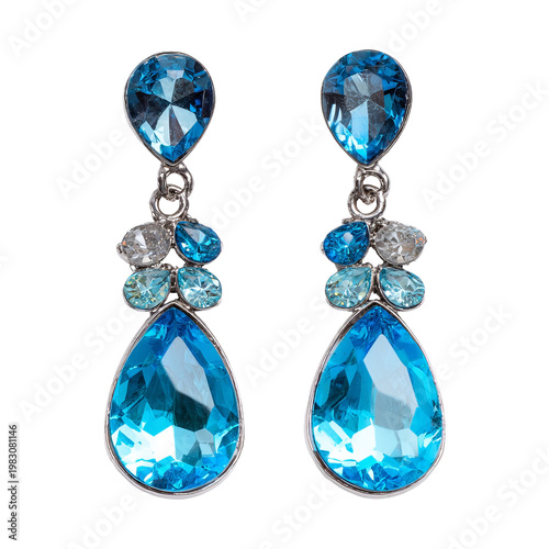 Pair of elegant earrings with teardrop and oval-shaped blue and white jewels on black