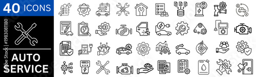 Auto Service icons set. Includes icons for car repair, maintenance, mechanic, tools, diagnostics, tire service, oil change, engine check, and vehicle inspection. Editable line icons. Vector Set