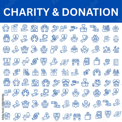Charity and donation icon set. Editable line icons. Vector illustration.