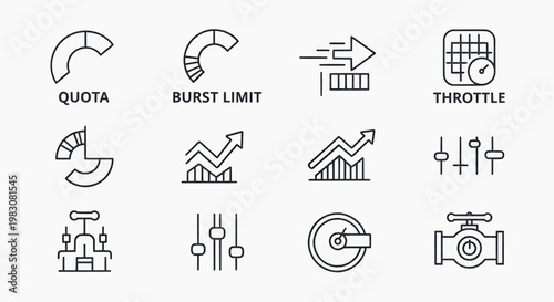 Various business and technology icons are shown in a grid on the white background