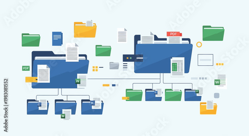 Digital illustration of interconnected folders and files representing data sharing and organization.