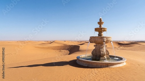 Decorative stone fountain with flowing water in circular basin, set amid vast golden desert dunes under clear blue sky. Striking contrast of life and arid landscape.