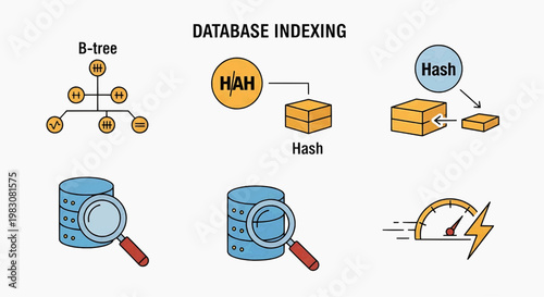 Database indexing concepts including B-tree, Hash table, and query optimization techniques are illustrated.