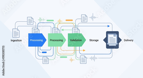 Illustration of a digital data workflow process including ingestion, processing, validation, storage, and delivery stages.