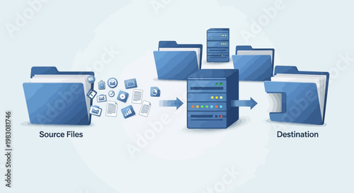 Conceptual illustration of data transfer between source files and destination through a server.