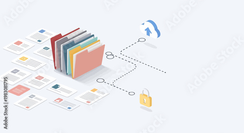 Digital data protection and secure file sharing concept with folders and lock icons.
