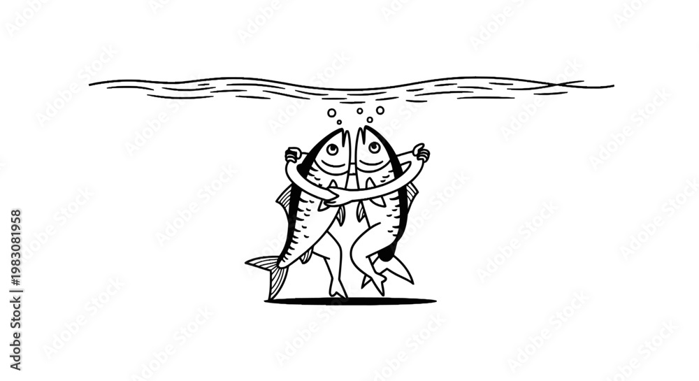 Obraz premium Humorous hugging sardine vector illustration underwater