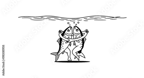 Humorous hugging sardine vector illustration underwater