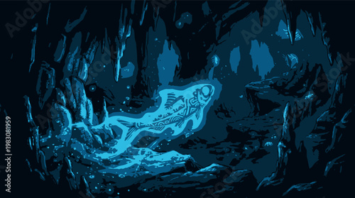 Sardine vector swimming in a glowing bioluminescent underwater cave